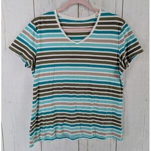 Croft Barrow Size XL Blue Green Stripe V Neck‎ Short Sleeve Casual Top